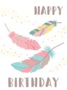 Vector image of bright feathers in boho style with beads. Inscription Happy Birthday.