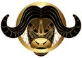 Image of a bull`s head, geometrically stylized and inscribed in a circle according to the principles of the golden ratio.