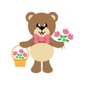 Cartoon bear with tie and flowers and basket