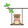 Cartoon cute bear with tie on a swing and on a branch Royalty Free Stock Photo