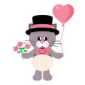 Cartoon cute cat with tie and hat and fowers and lovely balloons