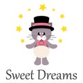 Cartoon cute cat with tie and hat and stars with text Royalty Free Stock Photo