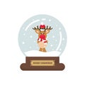 Cartoon cute christmas snowglobe with winter deer with scarf Royalty Free Stock Photo