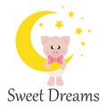 Cartoon cute pig with bow on a moon with text Royalty Free Stock Photo