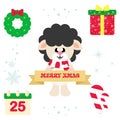 Cartoon cute sheep black with scarf and christmas sign and christmas elements Royalty Free Stock Photo