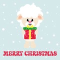 Cartoon cute sheep white with christmas gift and christmas text Royalty Free Stock Photo