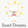 Cartoon cute sheep white with tie and with stars and text