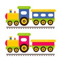 Cartoon cute train and railway carriage on rails vector set