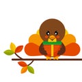 Cartoon cute turkey with gift vector on a branch