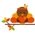 Cartoon cute turkey vector image with heart on a branch