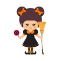 Cartoon cute witch vector with magic candies and broom