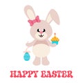Cartoon easter bunny girl with bow and easter egg and cake with text Royalty Free Stock Photo