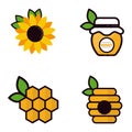 Cartoon honey elements with leaves set