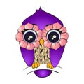 Vector image of cartoon owl sitting on tree branch isolated on white background. Purple cute bird with patterned body and feathers Royalty Free Stock Photo