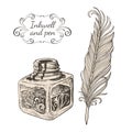 Vector image carved inkwells and beautiful writing pen and inkwell and pen inscription