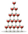 Of a cascade of glasses with red wine. Hand drawn art. EPS 10 Royalty Free Stock Photo