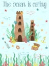 Vector image of a castle, chest, treasure and sea creatures. Marine hand-drawn illustration of underwater kingdom for girl,