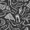 Vector image of chalked food on a dark background. Graphic seamless pattern.
