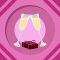 Vector Image Of Champagne Glasses. Gift Box, Good Mood, Romance, Surprise