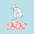 Vector image of a charming white rat with a bag of New Year`s gifts and numbers 2020 Royalty Free Stock Photo
