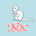 Vector image of a charming white rat with a gift box in its paws and numbers 2020 Royalty Free Stock Photo