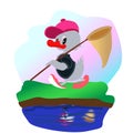 Vector image, a cheerful duckling goes fishing