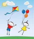 Vector image of cheerful kids flying with balloons and kite on summer day Royalty Free Stock Photo