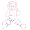 Line art 4. Drawing of a baby in headphones. Black line and white background. Girl