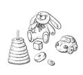 Vector image of children`s toys on a white background - a teddy bunny, a pyramid, a cube and a toy car.