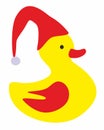 Vector image of a childrens toy - a yellow rubber duck with a red Santa Claus hat on his head Royalty Free Stock Photo
