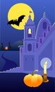 Vector image of church and dark sky with moon and the bat.