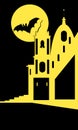 Vector image of church and dark sky with moon and the bat. Illustartion for hallowen