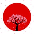 Vector image in a circle. Sakura and sun. Japan.