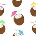 Vector image of cocktails in the form of coconut with colorful tubules and umbrellas. Seamless pattern on a light background. Summ