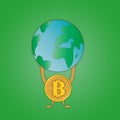 Vector image coins bitcoin with a symbol in the middle that holds the planet Earth on hands symbolizing superiority over