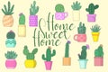 Vector image of a collection of cacti in flower pots on a yellow background. Set of bright colored illustrations with an inscripti