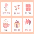 Vector image of collection of cards with hand-drawn gifts, balloons, flower, cup, hearts, love cookies. Illustration for Valentine