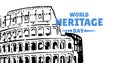 Vector image of colosseum with world heritage day text on white background, copy space