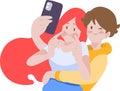 vector image Couple taking selfie with cute action phone