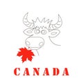 Vector image of a cow's head with horns and a red maple leaf in its mouth. inscription Canada.