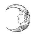 Vector image of a crescent moon. Moon face. Sketching graphics. Royalty Free Stock Photo