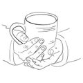 Vector image of a cup in hands. Warm winter illustration depicting a mug of hot tea, cocoa or coffee warming hands Royalty Free Stock Photo