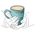 Vector image of a cup in hands. Warm winter illustration depicting a mug of hot tea, cocoa or coffee warming hands Royalty Free Stock Photo