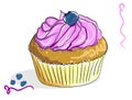 Vector image of a cupcake with butter cream and blueberries on top. A sketch of a cake painted as if with markers or