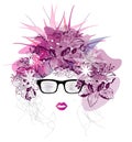 Curly girl scetch portrait isolated with purple transparent flowers Royalty Free Stock Photo