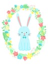 Vector image of a cute blue rabbit in the flowers wreath. Hand-drawn Easter illustration of a bunny for spring happy holidays, sum Royalty Free Stock Photo