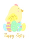 Vector image of a cute chick and colorful eggs with an inscription. Hand-drawn Easter illustration of a chicken for spring happy h Royalty Free Stock Photo