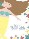 Vector image of a cute little brunette mermaid with starfishes underwater. Sea hand-drawn illustration for girl, birthday, holiday Royalty Free Stock Photo