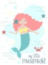 Vector image of a cute little mermaid with pink hair with a starfish and a crab under water. Sea hand-drawn illustration for girl Royalty Free Stock Photo