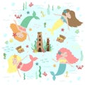 Vector image of cute little mermaids, castle, treasure and sea creatures. Marine hand-drawn illustration of underwater kingdom for